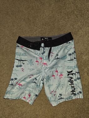 Hurley Light Blue Swim Trunks with Black Waistband and Pink Flamingo Print